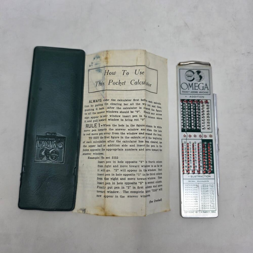 Vintage Omega Pocket Adding Machine Mechanical Calculator Stylus Case Manual